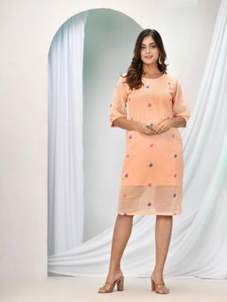 Angoshobha - Deep Peach Cotton Bengal Handwoven One Piece Dress