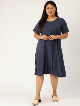 theRebelinme - Plus Size Womens Melange Blue Solid A-Line Dress