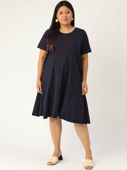 theRebelinme - Plus Size Womens Navy Blue Solid A-Line Dress
