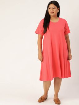 theRebelinme - Plus Size Womens Peach Solid A-Line Dress