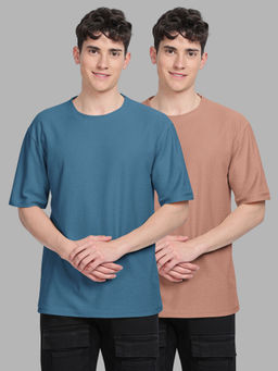 BULLMER - Trendy Teal, Beige Textured Hexagon Waffle Crew Neck T-Shirt for Men (Pack of 2)