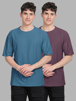 BULLMER - Trendy Blue, Purple Textured Hexagon Waffle Crew Neck T-Shirt for Men (Pack of 2)