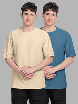 BULLMER - Trendy Beige, Blue Textured Hexagon Waffle Crew Neck T-Shirt for Men (Pack of 2)
