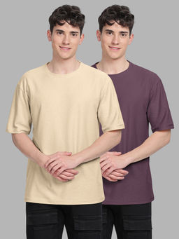 BULLMER - Trendy Beige, Purple Textured Hexagon Waffle Crew Neck T-Shirt for Men (Pack of 2)