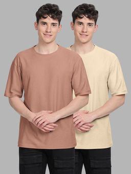BULLMER - Trendy Brown, Beige Textured Hexagon Waffle Crew Neck T-Shirt for Men (Pack of 2)