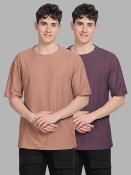 BULLMER - Trendy Brown, Purple Textured Hexagon Waffle Crew Neck T-Shirt for Men (Pack of 2)
