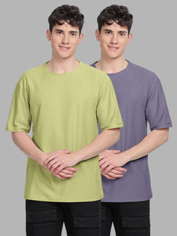 BULLMER - Trendy Green, Purple Textured Hexagon Waffle Crew Neck T-Shirt for Men (Pack of 2)