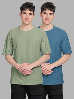 BULLMER - Trendy Green, Blue Textured Hexagon Waffle Crew Neck T-Shirt for Men (Pack of 2)