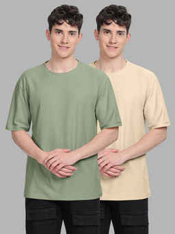 BULLMER - Trendy Green, Beige Textured Hexagon Waffle Crew Neck T-Shirt for Men (Pack of 2)