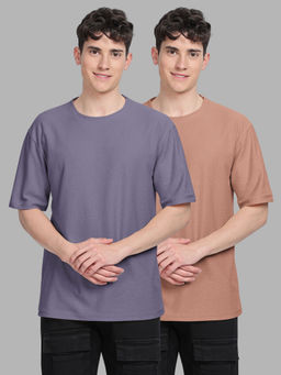 BULLMER - Trendy Purple, Brown Textured Hexagon Waffle Crew Neck T-Shirt for Men (Pack of 2)