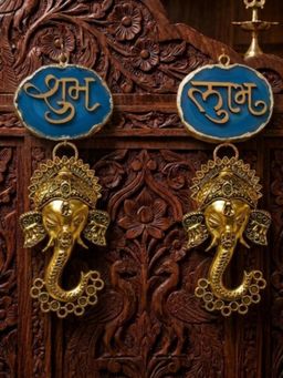 Homearte - Agate Shubh Labh Metal Ganesha Hanging - Blue