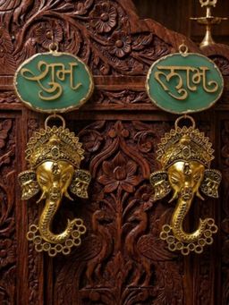 Homearte - Agate Shubh Labh Metal Ganesha Hanging - Green