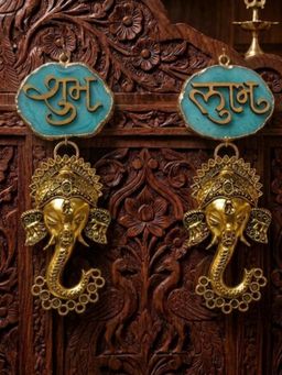 Homearte - Agate Shubh Labh Metal Ganesha Hanging - Turquoise