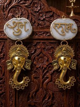 Homearte - Agate Shubh Labh Metal Ganesha Hanging - White