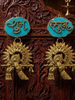 Homearte - Agate Shubh Labh Metal Krishna Bansuri Hanging - Turquoise