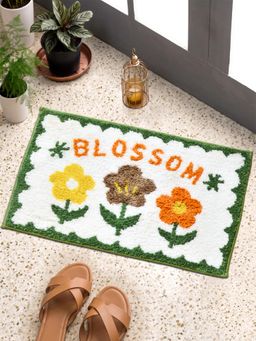 FABINALIV - White Floral Cotton Blend Anti Skid Door Mat