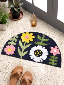FABINALIV - Navy Blue Floral Cotton Blend Anti Skid Door Mat