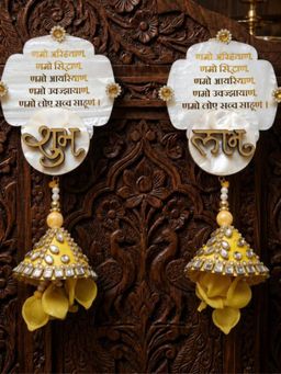 Homearte - Mother of Pearl Namokar Mantra Shubh Labh Hanging with Yellow Latkans