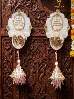Homearte - Mother of Pearl Gayatri Mantra Riddhi Siddhi Hanging with Pink Latkans