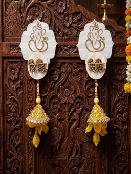 Homearte - Mother of Pearl Ganesha Riddhi Siddhi Hanging with Yellow Latkans