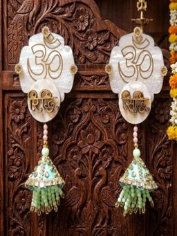 Homearte - Mother of Pearl Om Riddhi Siddhi Hanging with Green Latkans