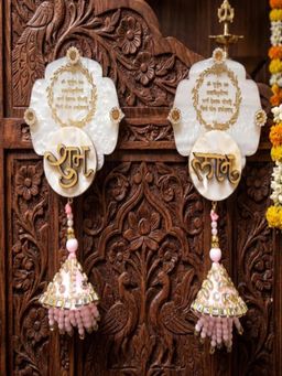 Homearte - Mother of Pearl Gayatri Mantra Shubh Labh Hanging with Pink Latkans