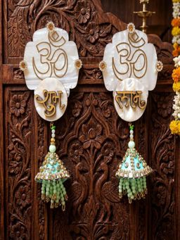 Homearte - Mother of Pearl Om Shubh Labh Hanging with Green Latkans