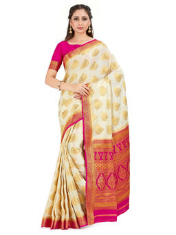 Mimosa - Off White Mysore Silk Style Crepe Saree With Unstitched Blouse