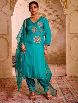 Pearls & Pastels - Sehej Blue Hand Embroidered Kurta with Pant & Dupatta (Set of 3)
