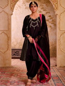 Pearls & Pastels - Black Silk Gota Work Kurta with Salwar & Dupatta (Set of 3)