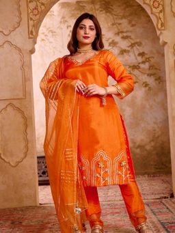 Pearls & Pastels - Sunset Orange Gota Work Silk Kurta with Pant & Dupatta (Set of 3)