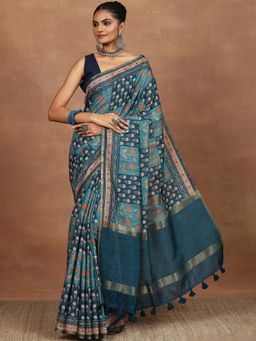 Libas - Navy Blue Printed Silk Blend Saree for Women with Unstitched Blouse