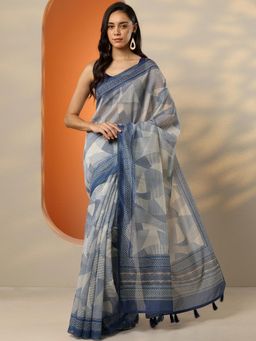 Libas - Blue Geometric Print Saree for Women with Unstitched Blouse