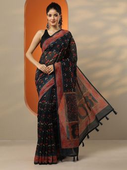 Libas - Navy Blue Printed Saree for Women with Unstitched Blouse