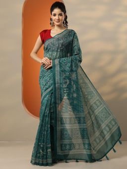 Libas - Green Printed Saree for Women with Unstitched Blouse