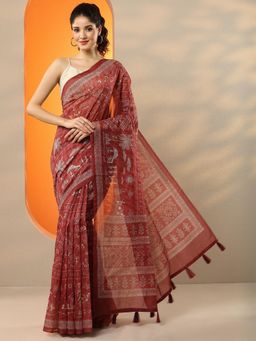 Libas - Rust Printed Saree for Women with Unstitched Blouse