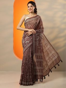 Libas - Brown Printed Saree for Women with Unstitched Blouse