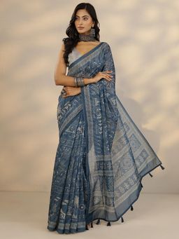 Libas - Blue Printed Saree for Women with Unstitched Blouse