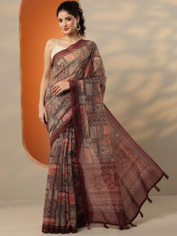 Libas - Brown Printed Saree for Women with Unstitched Blouse
