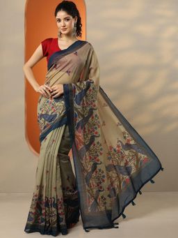 Libas - Navy Blue Floral Printed Saree for Women with Unstitched Blouse