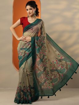 Libas - Green Floral Printed Saree for Women with Unstitched Blouse