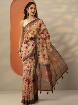 Libas - Beige Floral Printed Saree for Women with Unstitched Blouse