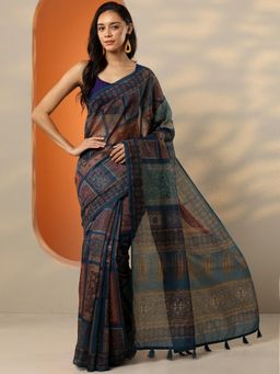 Libas - Navy Blue Printed Saree for Women with Unstitched Blouse