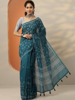 Libas - Teal Printed Saree for Women with Unstitched Blouse