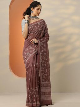 Libas - Brown Printed Saree for Women with Unstitched Blouse