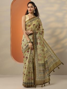 Libas - Green Floral Printed Silk Blend Saree for Women with Unstitched Blouse