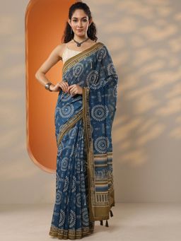 Libas - Blue Printed Silk Blend Saree for Women with Unstitched Blouse