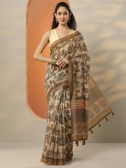 Libas - Brown Paisley Printed Silk Blend Saree for Women with Unstitched Blouse