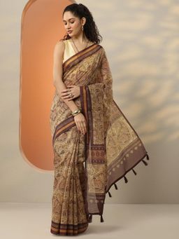 Libas - Brown Paisley Printed Silk Blend Saree for Women with Unstitched Blouse