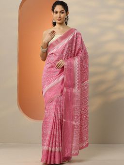 Libas - Pink Printed Silk Blend Saree for Women with Unstitched Blouse